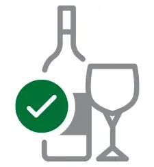 bottle of wine and wine glass with green check mark